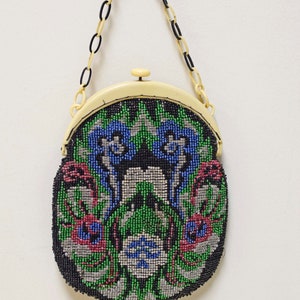 VINTAGE Black Floral Beaded Purse w Celluloid Frame and Chain Handle