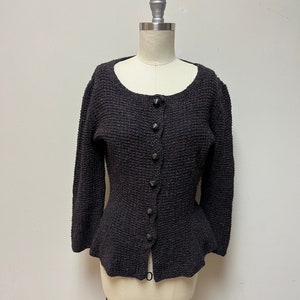 Handknit Handmade Scoop Neck Peplum Hem Button Front Cardigan Sweater Size M