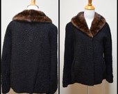 Vintage 40s 50s Kay Amos Detroit Black PERSIAN LAMB JACKET w Contrast Mink Fur Collar Size S
