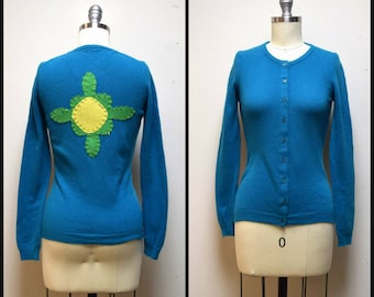 BENETTON Teal Blue Cardigan Sweater w Hand Appliqued Flower Graphic Size XS