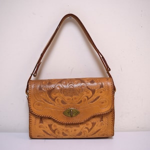 VINTAGE Clifton&#39;s Hand Tooled Saddle Brown Tooled Leather Shoulder Crossbody Bag Purse