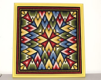 Vintage Finished & Framed Bargello Needlepoint~ 17" x 18" Gold/Red/Blue/Green