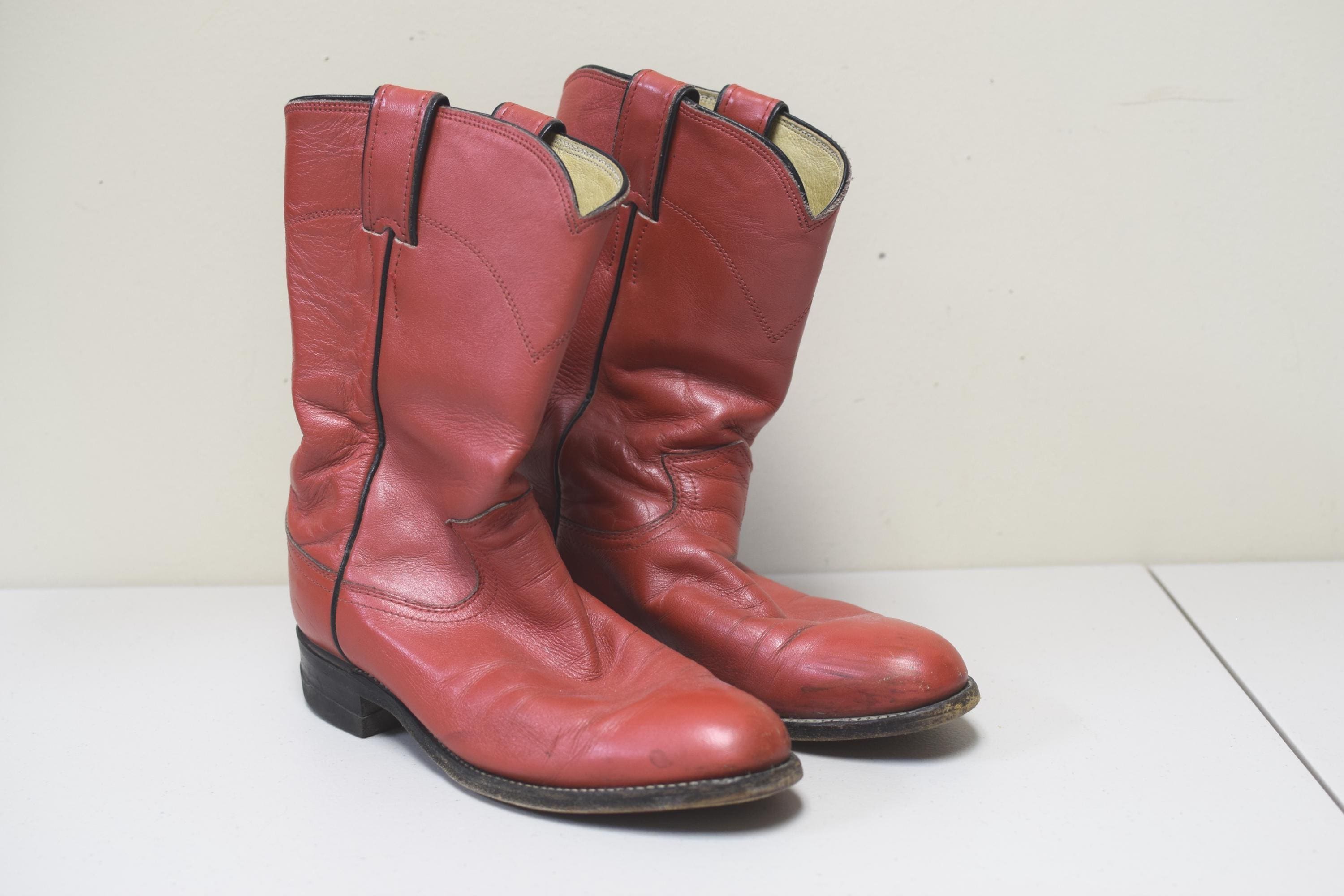 Bottes Western Cowboy Justin – Homme 9 EE – Cuir Cerise Rouge – Vintage Mexique