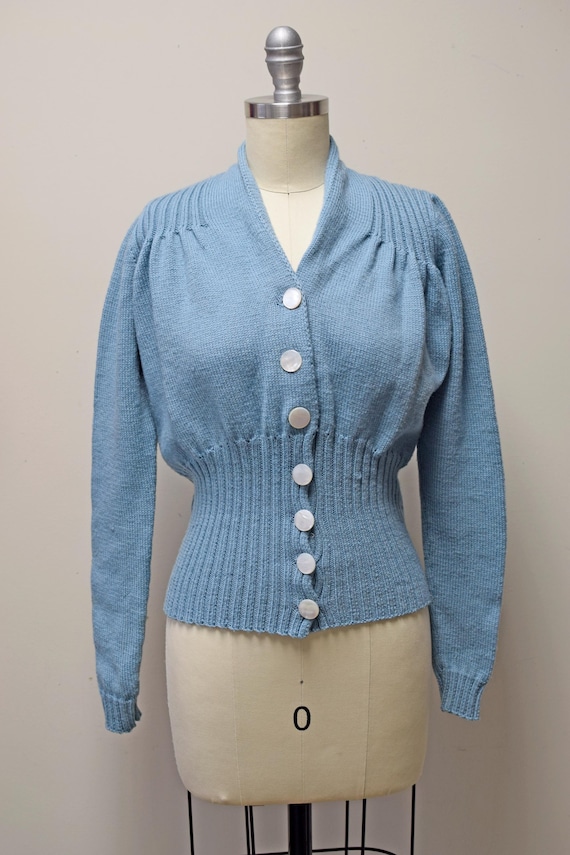 Vintage 1940’s Handknit Handmade Blue Wool Cardigan Sweater ~ XS~
