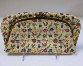 VINTAGE Ingber/MILGRIM~ Beige Linen "Farm" Novelty Print Foldover Clutch Purse