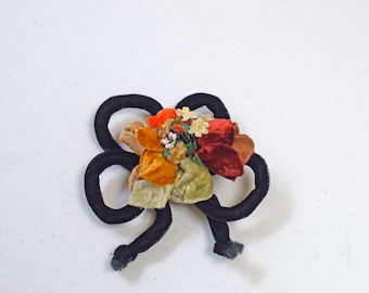 Vintage Antique Handmade Black Velvet Cord Bow Corsage Pin Brooch
