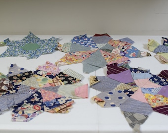 Vintage Antique c 1936 Quilt Pieces Lot of 7~Hand pieced w original paper back