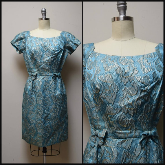 VINTAGE 50s/60s MISS BROOKS Teal & Gold Brocade F… - image 1