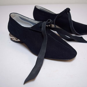 Vintage Antique 1930s/40s FRATTEGIANI Black Nubuck Suede Flats w Sculpted Glass Heels Size ~7.5 M~