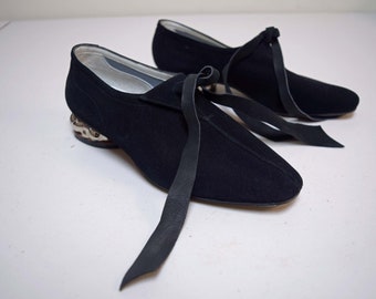 Vintage Antique 1930s/40s FRATTEGIANI Black Nubuck Suede Flats w Sculpted Glass Heels Size ~7.5 M~