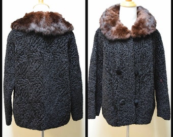 VTG 50s/60s WINKLEMAN'S Black Faux Persian Lamb Jacket w Fur Collar Size S/M