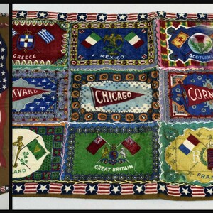 May include: A vintage fabric patchwork quilt with a variety of colorful squares featuring flags and text. The squares include flags from Greece, Mexico, Scotland, and the United States. The text includes "Chicago", "Cornell", "Ireland", "Great Britain", and "France".
