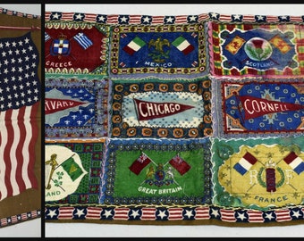 13 ANTIQUE Tobacco Felt Flags & Pennants ~ Patchwork Pillowcase w Embroidery ~ 2 Sided Flag