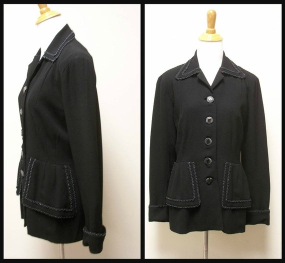 Vintage ZELDA Black Crepe Jacket with Beaded Pepl… - image 1