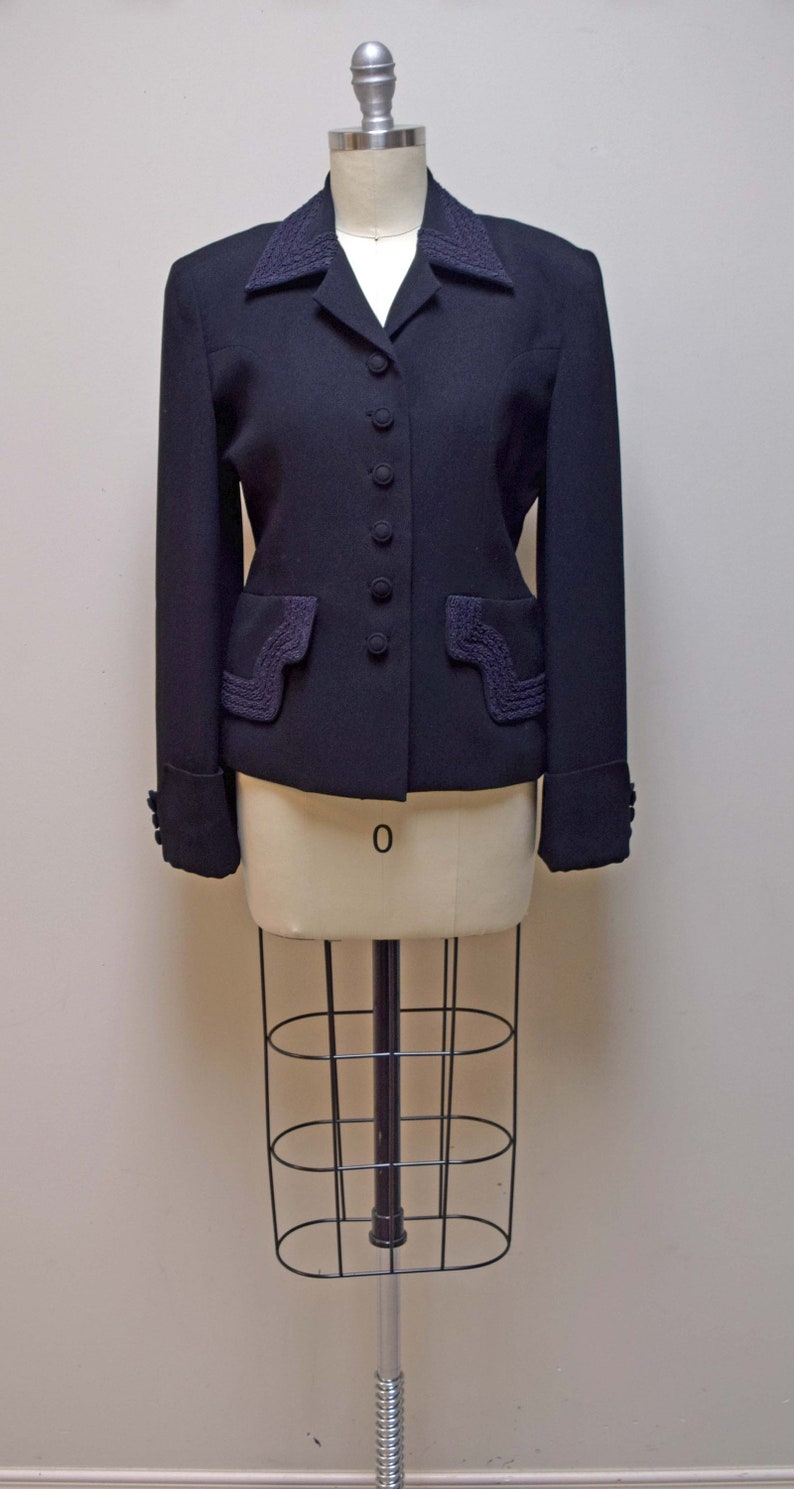 Vintage ZELDA Black Crepe Formal Jacket Blazer W Soutache Trim Hip ...