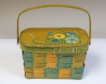 VTG "Iris Original" Hand Painted & Decorated Wood Wicker Basket Purse Handbag