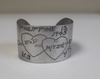 Vintage 1945 Trench Art Aluminum "Sweetheart" Bracelet Cuff ~USNR~ Philippine Is