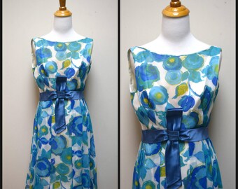 Vintage 50s/60s CAROL CRAIG Turquoise Blue Silk Floral Cocktail Dress Size S