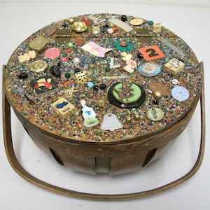 MEMORY ART Assemblage/Found Object Outsider Folk Art Treasure Wood Basket with Handle