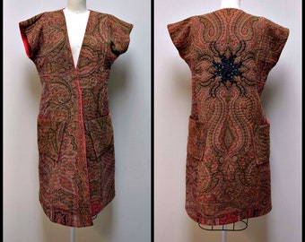 HANDMADE Handquilted Nomad Boho Japanese Sashiko Stitched Sleeveless Vest Coat Silk & Antique Paisley Wool ~ S/M ~