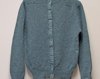 Orvis Cardigan Sweater Teal Green Shetland Made in Ireland~Visible Mending~38