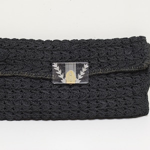 VINTAGE 1930s/40s Black Corde Crochet Oversized Purse Clutch w Carved Lucite Clasp