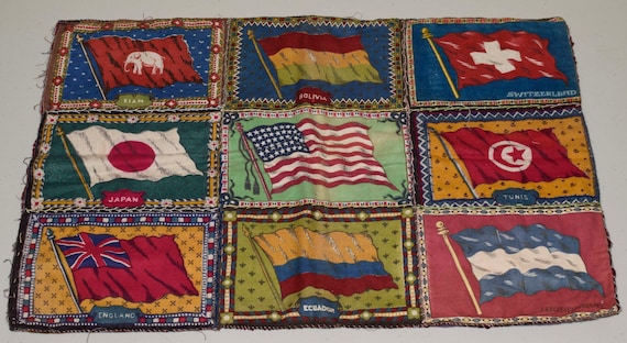 tobacco felt quilt 18 ANTIQUE Flags ~ Patchwork Pillowcase W Embroidery ~ 2 Sided Flags 13 ANTIQUE Tobacco Felt Flags