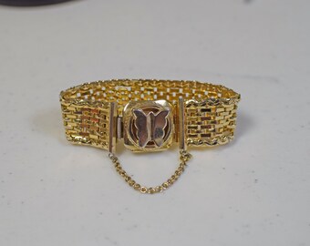 VINTAGE Designer Goldtone Mesh Link Bracelet w Butterfly Clasp + Security Chain