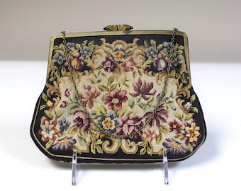 VINTAGE Tillverkad i Ungern Svart Petit Point Aftonväska med Blommigt tryck