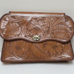 Vintage Oversized Tooled Leather Clutch Purse Handbag EUC