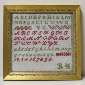 Antique Framed Sampler Alphabet Needlepoint Red Green Wool 14&quot; x 13 1/2&quot;