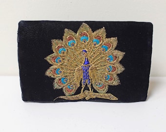 VINTAGE Black Velvet Evening Clutch Bag Purse w Embroidered Goldwork Peacock