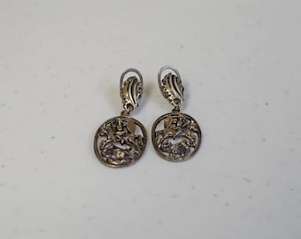 VINTAGE 835 Silver Clip on Drop Earrings~Warrior on Horseback~ w Serpent