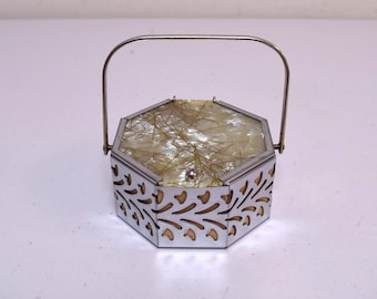 Vintage 1950s Tiny Octagon Chrome Metal Filigree Box Handbag Purse w Top Handle