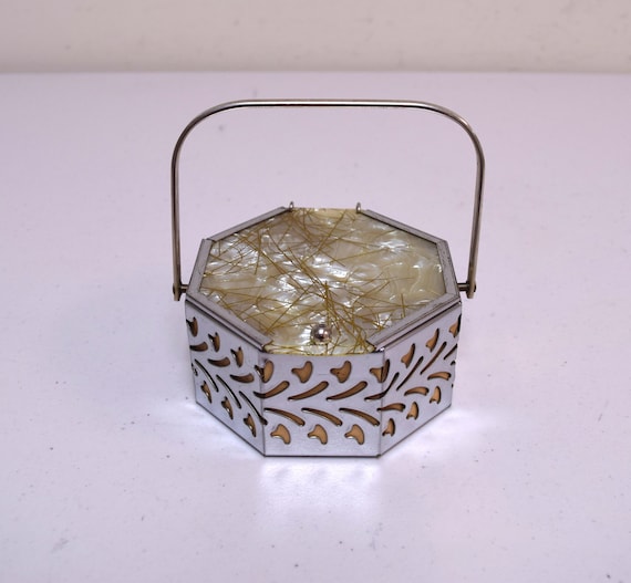 Vintage 1950s Tiny Octagon Chrome Metal Filigree B