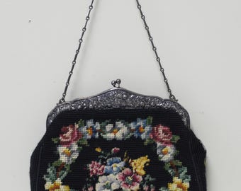 VINTAGE Black Floral Needlepoint Purse ~ Sterling Silver Repousse Frame & Chain
