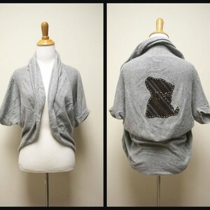 TwentyOne Gray Open Front Sweater Upcycled Hand Appliqued Pinstripe Puppy Small