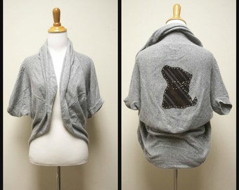 TwentyOne Gray Open Front Sweater Upcycled Hand Appliqued Pinstripe Puppy Small