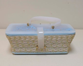 Vintage Basket Purse with Frosted Ivory Lucite Painted Lid ~ Ladies & Gondoliers