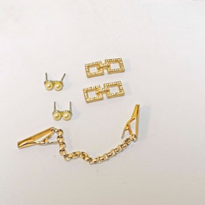 Lot of 3: Vintage Dress Clips ~ Sweater Chain Clip ~ Pearl Sleeve Studs