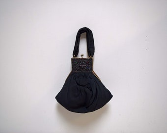 Antique VINTAGE Victorian Steampunk Black Grosgrain Fabric Evening Bag w Jeweled Trim