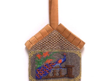 ANTIQUE/Vintage Victorian Loom Beaded Handbag Purse Wristlet w PEACOCK Image Pleated Silk Trim and Bead Fringe