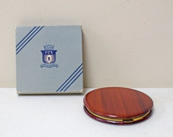 NOS~Vintage Rex Fifth Avenue Wood Grain Gold Tone Makeup Powder Compact Mirror
