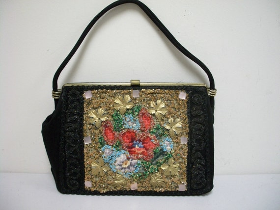 Vintage 40s/50s Black Handbag Embellished with Nee