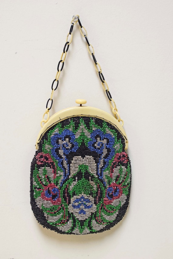 VINTAGE Black Floral Beaded Purse w Celluloid Frame and Chain Handle