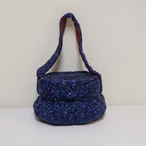 VINTAGE 1930s CHARLET Blue Beaded Formal Evening Top Handle Box Handbag Purse