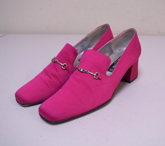 pink satin block heels