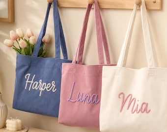 Personalized Name Embroidered Tote Bag, Cute Corduroy Shoulder Bag, Custom Handmade Gift for Her, Everyday Carry Bag, Birthday Gift Idea
