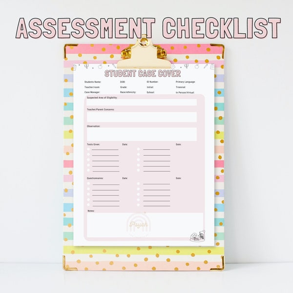 School Psychologist Test Checklist - Assessment Checklist - Case Cover - School Psychologist