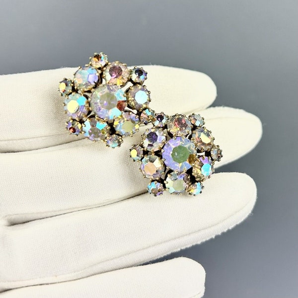 Vintage Weiss Rhinestone Clip on  Earrings  AB Aurora Borealis Pastel Blue Signed